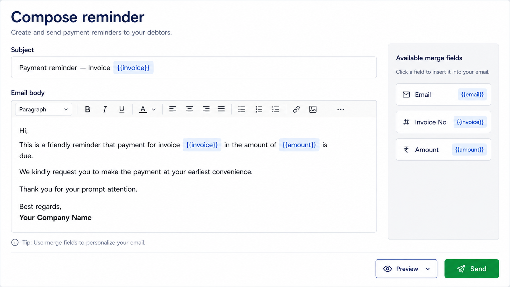 Compose with invoice & amount merge fields