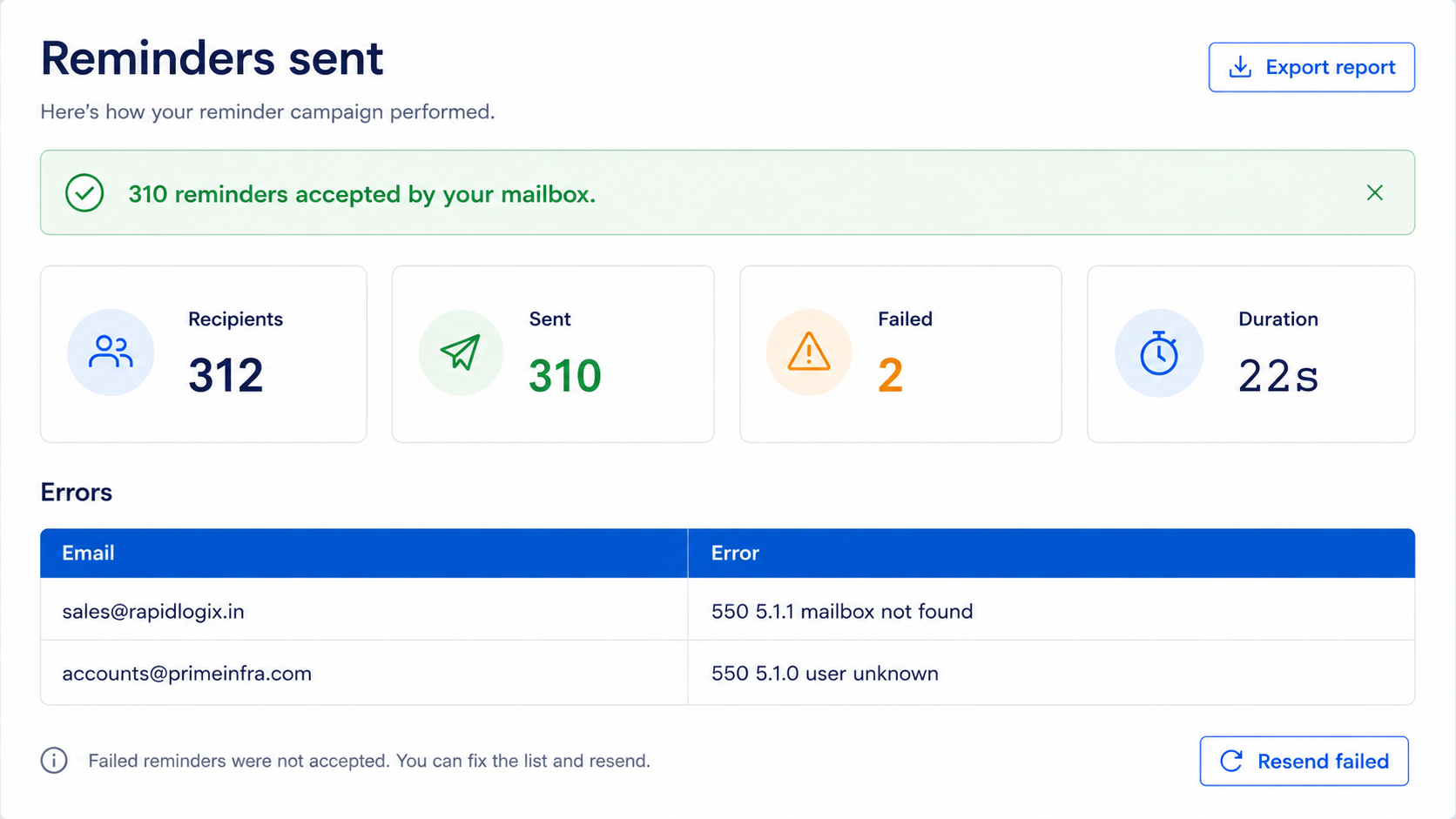 Live delivery summary + error log